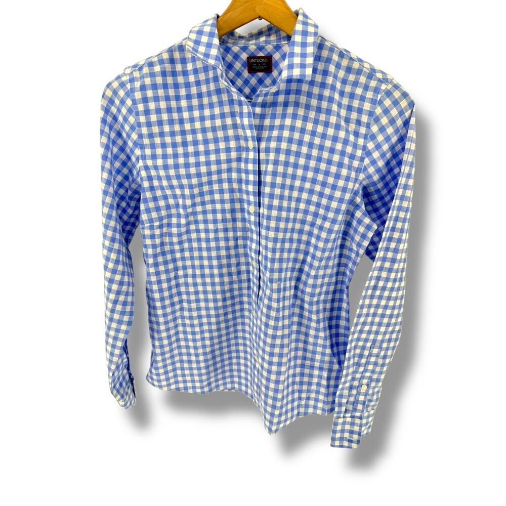 UNTUCKit Women's 4 Blue White Gingham Button Up Shirt Cotton Long Sleeve Coastal